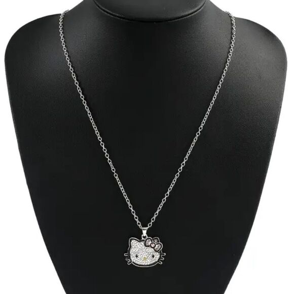 Hello Kitty Rhinestone 24" Necklace Pink Bow Cat Charm Pendant Silver Chain New - Picture 4 of 7